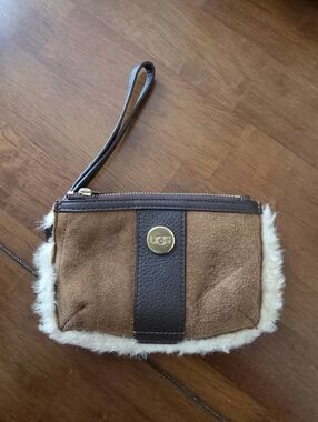 UGG Brown Shearling Trim Wristlet Wallet